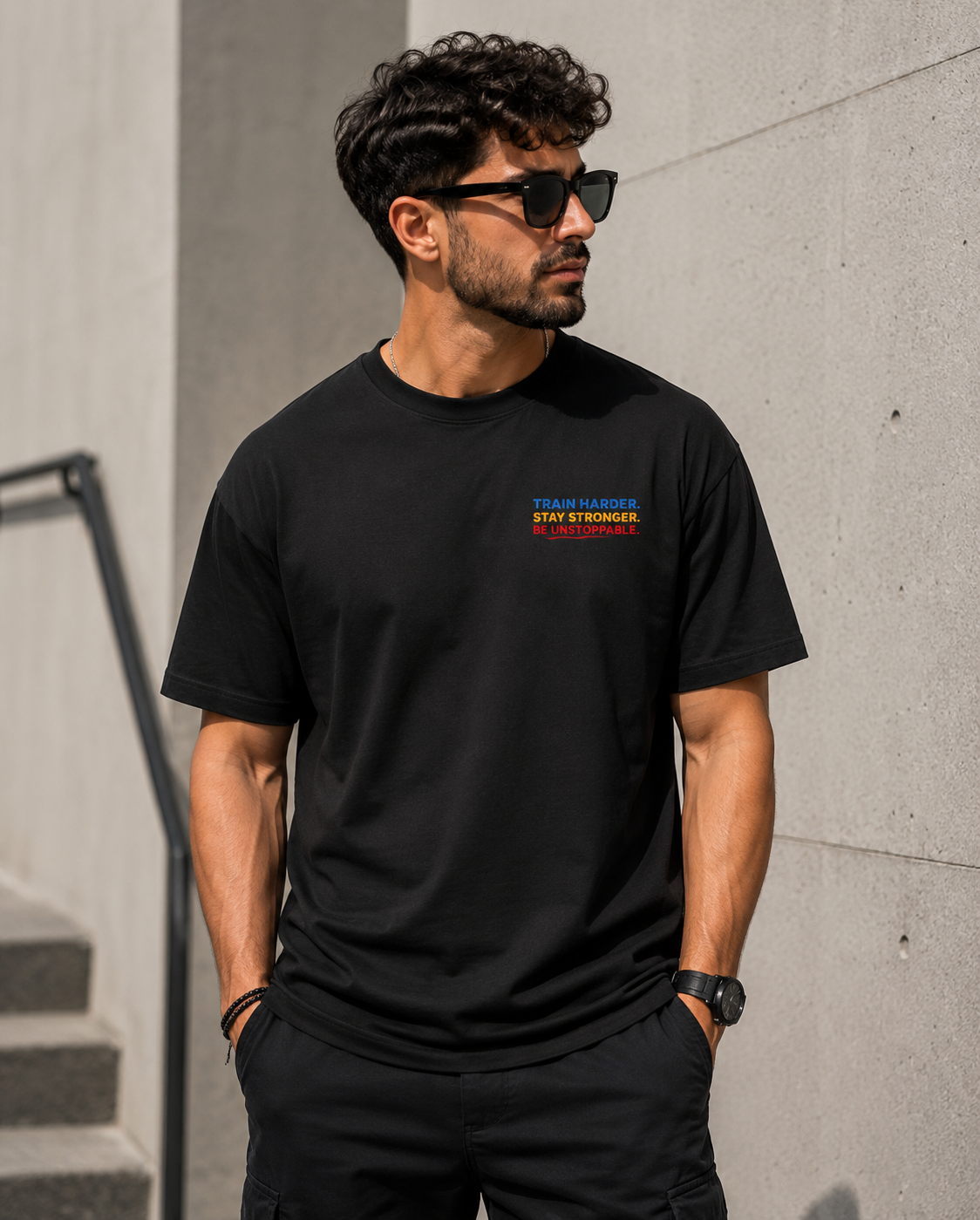 Train Harder. Stay Stronger. Be Unstoppable. – Premium Motivational Graphic T-Shirt
